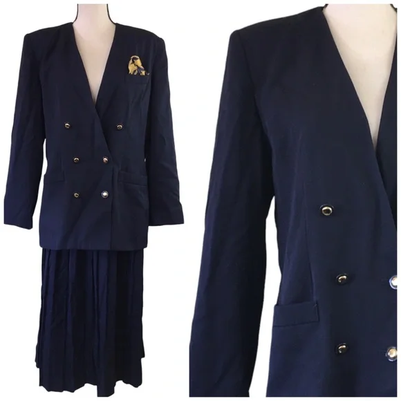 Vintage 90s Kasper Navy Blue Skirt Suit Pleated Double Breasted Collarless 14 - Picture 2 of 8
